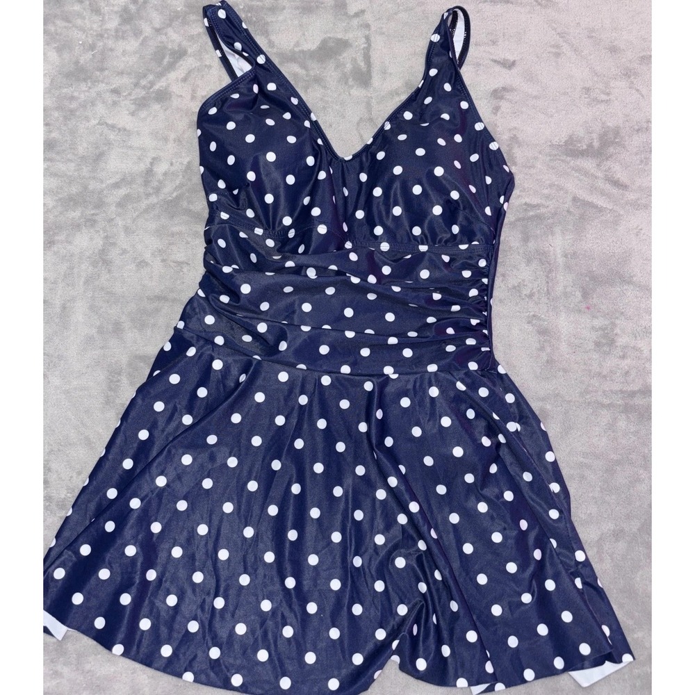 Yonique Modest Tummy Control One Piece Swimsuit Dress Women Small Blue Polka Dot